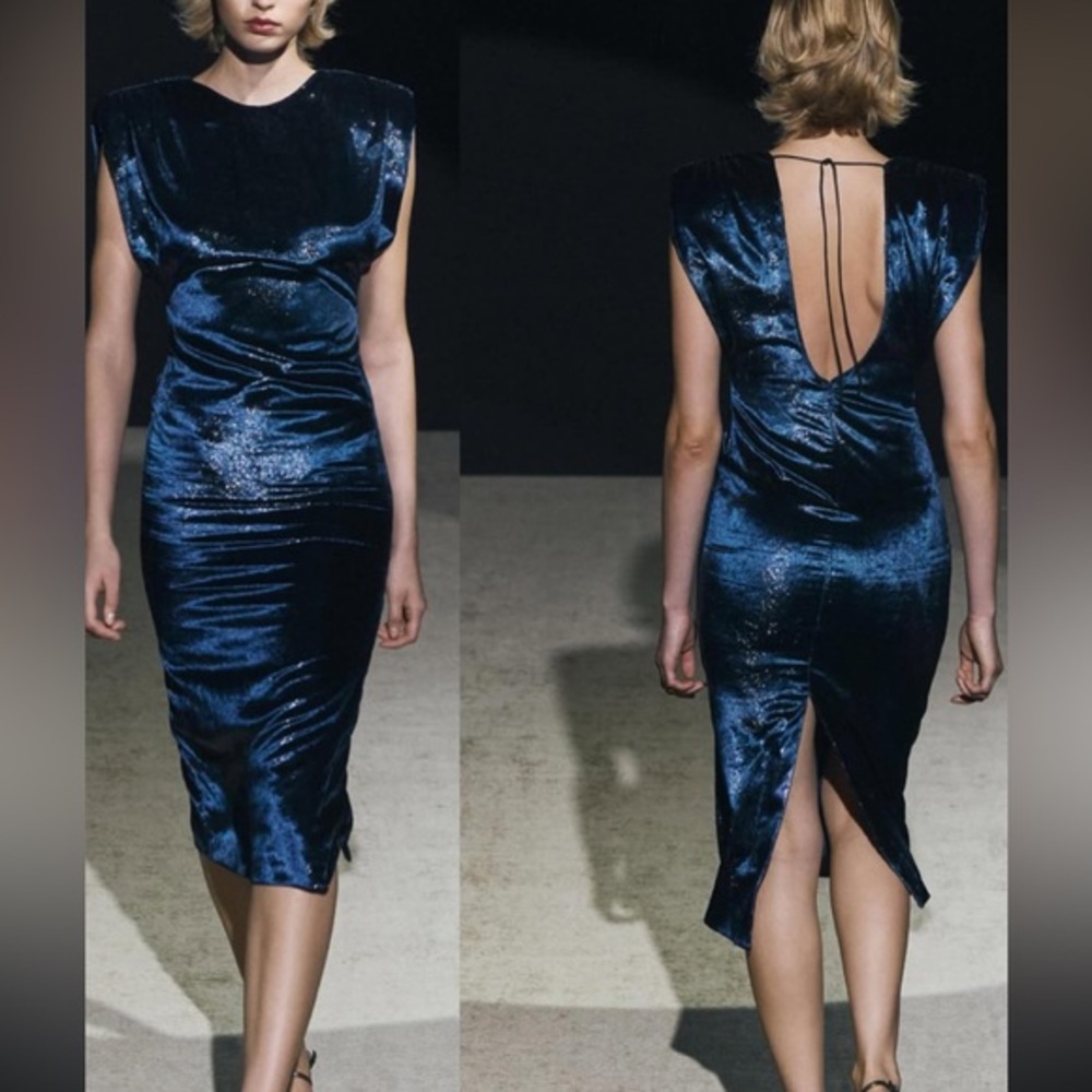Zara NWT Blue Velvet Shoulder Pad Ruched Open Back Midi Dress Medium 9991/121